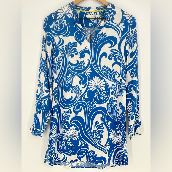 Boden Dresses & Skirts - Boden Blue & White Pattern Longsleeve V-Neck Mini Dress In Women's Size 2
